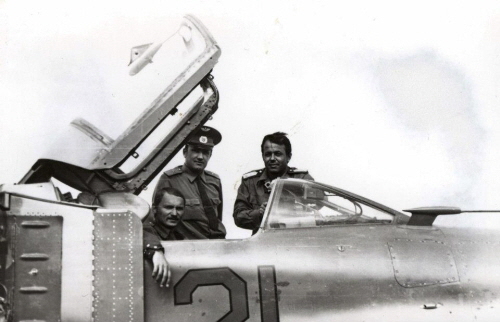 Two Hungarian and one Soviet pilot by theirs MiG-23MS  Flogger-E  export fighter version in Lugovaya airport in 1979.