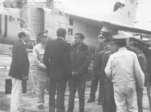 P Rajkumar talking to Indian Air Marshal Katre (back to camera) and Air Cmde S K Mehra after flying the MiG-23UB  Flogger-C  Trainer at Lugovaya, Kazakhstan on 17 Apr 79.. Photo: www.bharat-rakshak.com