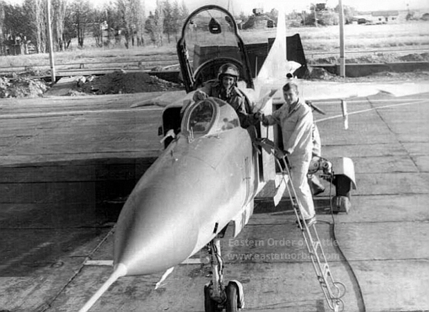 Soviet 715th Training Air regiment's crew and theirs MiG-23MS  Flogger-E  export fighter aircraft in the seventies at Lugovaya airfiled . (B/N: red 12 and red 11)