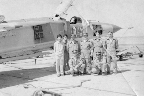 Romanian crew at Lugovaye airfield in front of their MiG-23MS  Flogger-E  training aircraft in 1978.