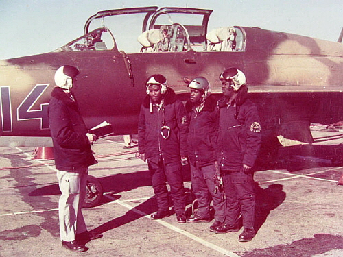 African students and the Soviet instructor in front of their MiG-21UM 'Mongol-B' trainer aircraft at Kant airbase.