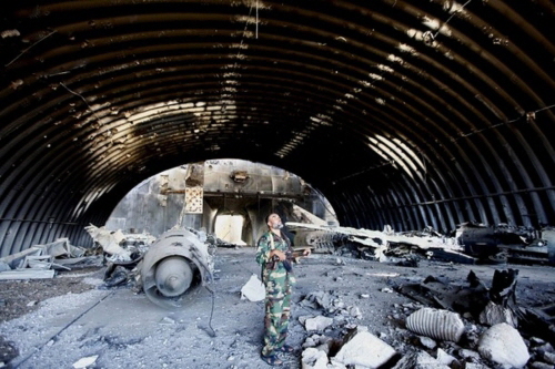 Libyan Su-22M under hardened shelter at Ghardabiya airbase after B-2 attack