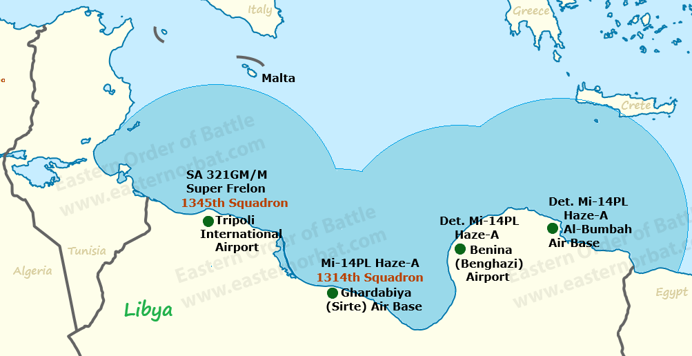 Major Libyan SAR bases and their patrol areas in the first half of the 1980s. Until the Saipem incident in 1980, Libya also operated SAR helicopters from Malta. But after that, relations between the two countries deteriorated.