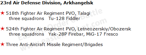 Soviet 5th Air Defense Division, PetrozavodskSoviet 23rd Air Defense Division, Arkhangelsk