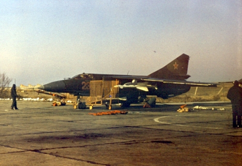 Soviet MiG-23P Flogger-G at Privolzhskiy, Astrakhan airport with R-24 AA-7 Apex and R-60M AA-8 Aphid missile