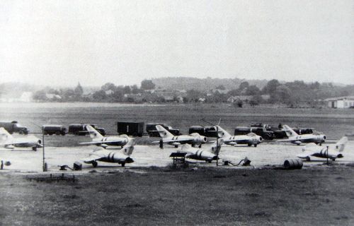 Soviet MiG-17 Fresco-A fighter-bombers of 42nd Guard regiment at Czechoslovak Hradec Krlov airport in 1968 during the Operation 