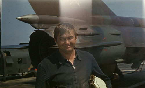 USSR 515th Fighter Air Regiment's pilot front of his MiG-21bis Fishbed-L at Hungary Tkl air base