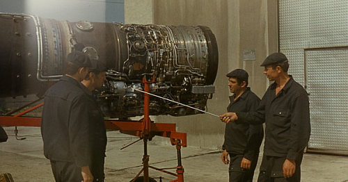 Soviet 515th Fighter Air Regiment's mechanical crews anf their Tumansky R-25 is a turbojet engine at Hungary Tkl airport