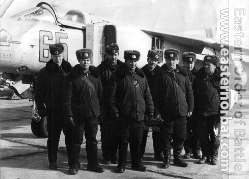 Soviet Air Force 979th Fighter Air Regiment's crew behind of theirs MiG-23S Flogger-A at Shchuchin. Photo: Sergey Shamba