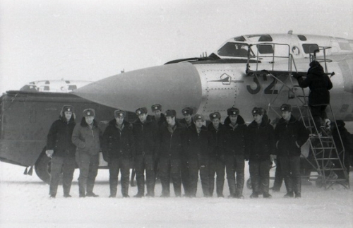 72nd Guard Fighter Air Regiment PVO in front of their new huge Tu-128 Fiddler long range patrol interceptor at Amderma airport