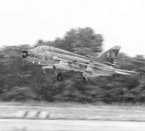 730th Fighter Bomber Air Regiment's Su-17M4 Fitter-K landing with SPS-141 ECM pod