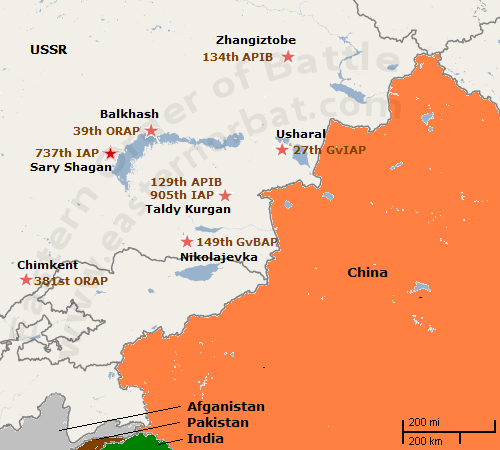 Soviet Central Asian Military District's Tactical Air Force' Order of Battle map in 1983