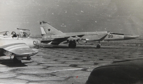 Soviet MiG-25P ‘Foxbat-A’ interceptors and MiG-15UTI ‘Midget’ trainer aircraft at Nasosnaya airport close to Baku city in the seventies