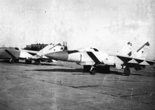 USSR MiG-25P Foxbat-A interceptors of the 82nd Fighter Air Regiment parking on Privolzhskiy, Astrakhan military airfield