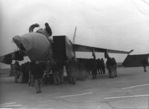 Soviet MiG-25P Foxbat-A interceptors on the 210th industrial aircraft repair factory at Nasosnaya airport