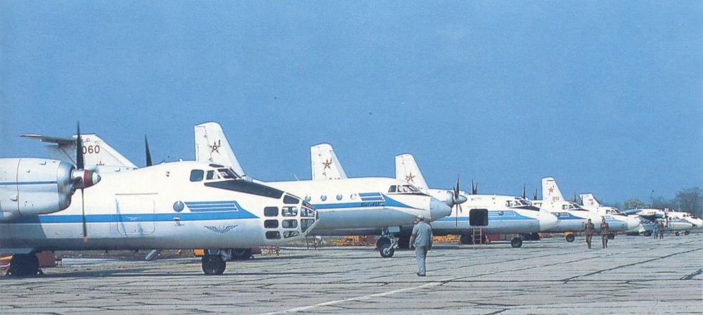 Bulgarian Antonov An-24 Coke, An-26 Curl, An-30 Clank, Yakovlev Yak-40 Codling, Let L-410 cargi aircraft at Dobroslavtzi airport. The 16th Transport Air Regiment received more Antonov An-26 Curl and Let L-410 UVP/UVP-E/UVP-E3 transport types until 1984. Photo: Christian Boisselon collection