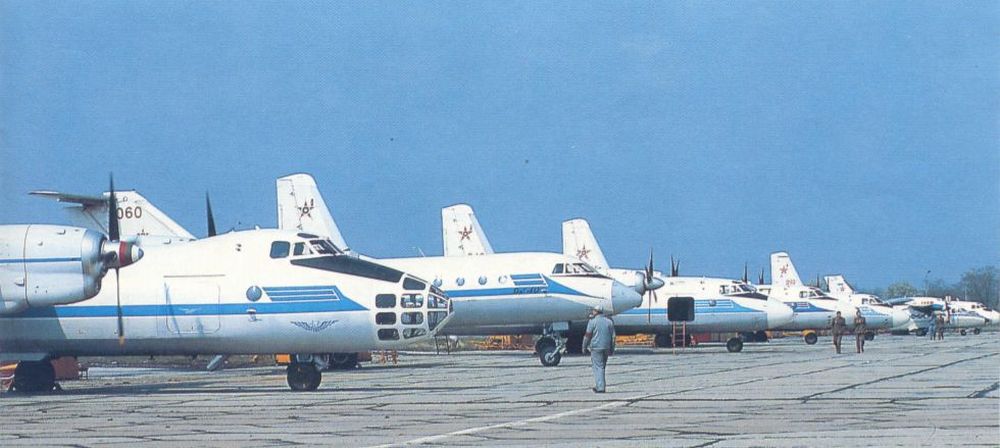 Bulgarian Antonov An-24 Coke, An-26 Curl, An-30 Clank, Yakovlev Yak-40 Codling, Let L-410 cargi aircraft at Dobroslavtzi airport. The 16th Transport Air Regiment received more Antonov An-26 Curl and Let L-410 UVP/UVP-E/UVP-E3 transport types until 1984. Photo: Christian Boisselon collection
