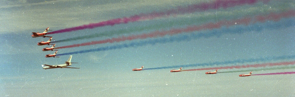 Chinese Chengdu JJ-5 (MiG-17) 'Fresco' demonstration flight in 1984 with Xian H-6 (Tu-16) 'Badger' bomber