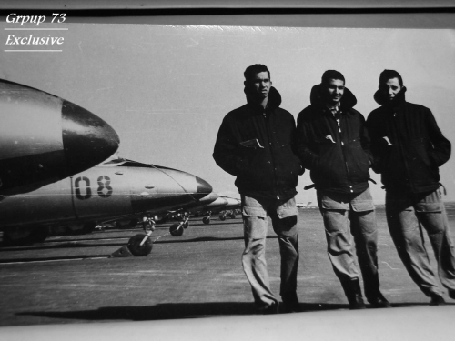 Three Egyptian pilots and theirs L-29 Delfin trainer aircrafts