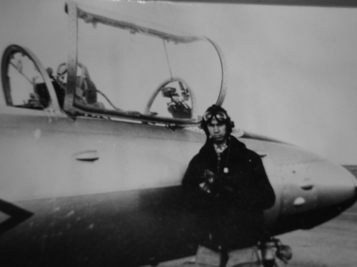 Young Arabic pilot in front of his L-29 Delfin trainer in the Soviet union