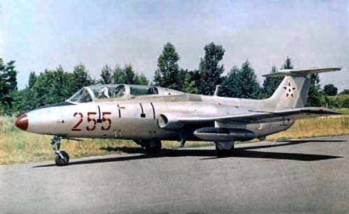 The Aero L-29 Delfin military jet trainer aircraft in Szolnok airport. The type was used for pre-training for the young pilots sent to the Soviet Union.