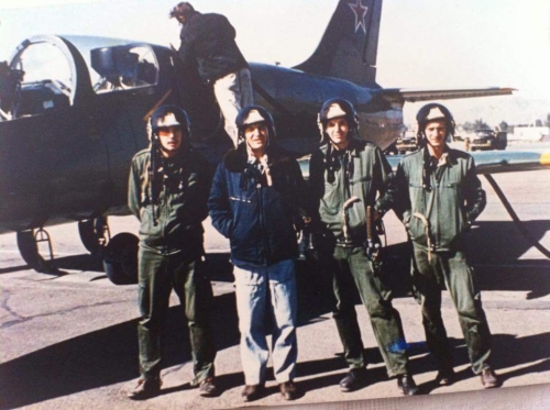 Young Hungarian pilots and his soviet trainer in front of theirs L-39C Albatros in Tokmak air base in 1984