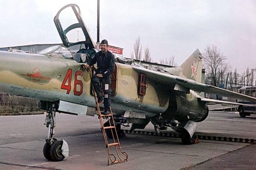 Polish pilot with MiG-23UB Flogger-C at Lugovaya air base in 1979