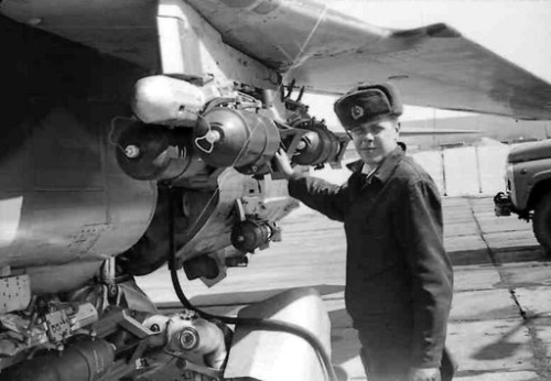 Soviet 129th Fighter bomber air regiment's MiG-27 Flogger-D with bomb in Taldy Kurgan in 1982