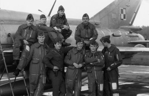 Polish Tactical Air Force's 2nd Fighter Air Regiment's pilots at Goleniow front of theirs  MiG-21PFM Fishbed-F