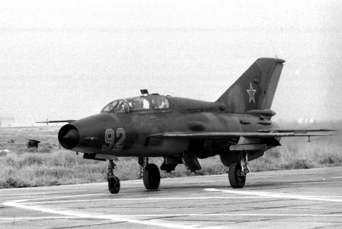 Soviet MiG-21UM Mongol-B at Privolzhskiy, Astrakhan airport on the STRELBA-85 exercise in 1985