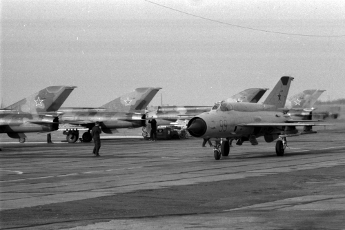 Soviet MiG-21bis Fishbed-L in front of MiG-21MF Fishbed-J row