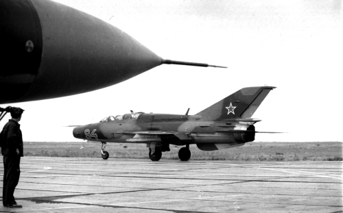 Soviet MiG-21UM Mongol-B at Privolzhskiy, Astrakhan airport on the STRELBA-85 exercise in 1985