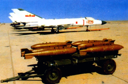 Shenyang J-8B Finback-B, a 1st Fighter Division / 1st Air Regiment aircraft, is seen here with assorted external stores, including PL-5 left and PL-8 AAMs rights, unguided rocket Type 57-1 and Type 90-1 FFAR pods, and 250-kg low-drag free-fall bombs, plus a GDJ-4 multiple ejector rack.