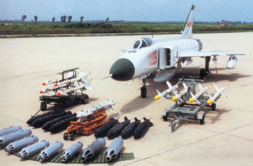 Shenyang J-8B Finback-B, a 1st Fighter Division / 1st Air Regiment aircraft, is seen here with assorted external stores, including PL-5 left and PL-8 AAMs rights, unguided rocket Type 57-1 and Type 90-1 FFAR pods, and 250-kg low-drag free-fall bombs, plus a GDJ-4 multiple ejector rack.