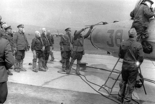Chemical, biological, radiological and nuclear defense training with MiG-21PFS Fishbed-F aircraft at the 159th Fighter Air Regiment at the Cherlyany airport in the sixties. 