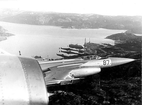 Two Yak-28P Firebar interceptor planes of the 174th Guard Fighter Air regiment over Kola Peninsula