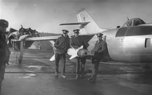 The 524th Fighter Air Regiment PVOs crew and their Yak-28P Firebar aircraft with R-8M 'AA-3 Anab' air-to-air missile at the Letneozerskiy/Obozersk airfield