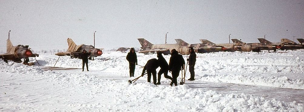 Soviet MiG-21SMT Fishbed-K air traffic control training aircrafts at Bagerovo airport In the winter of 1987