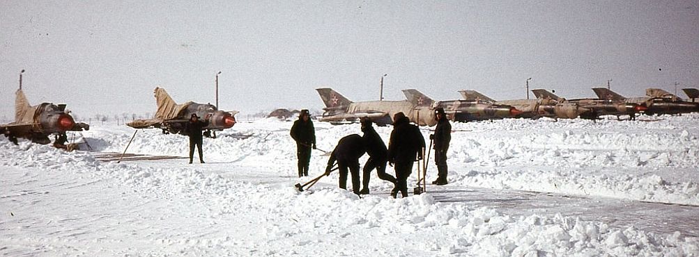 Soviet MiG-21SMT Fishbed-K air traffic control training aircrafts at Bagerovo airport In the winter of 1987
