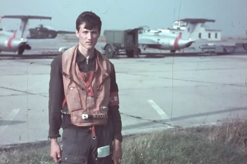 Soviet cadet in front of L-29 Delfin trainer aircraft at Bagerovo airport