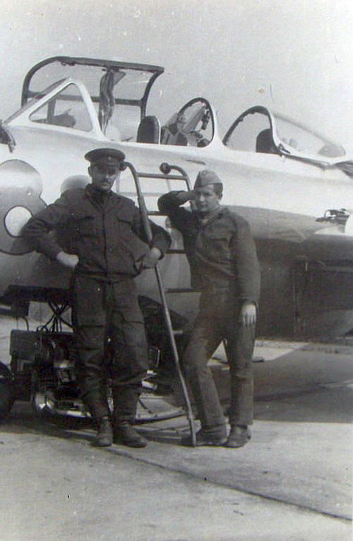 Soviet 404th Fighter Aviation regiment’s crew with their MiG-15UTI Midget trainer aircraft. Soviet 404th Fighter Aviation regiment’s crew with their MiG-15UTI Midget trainer aircraft.